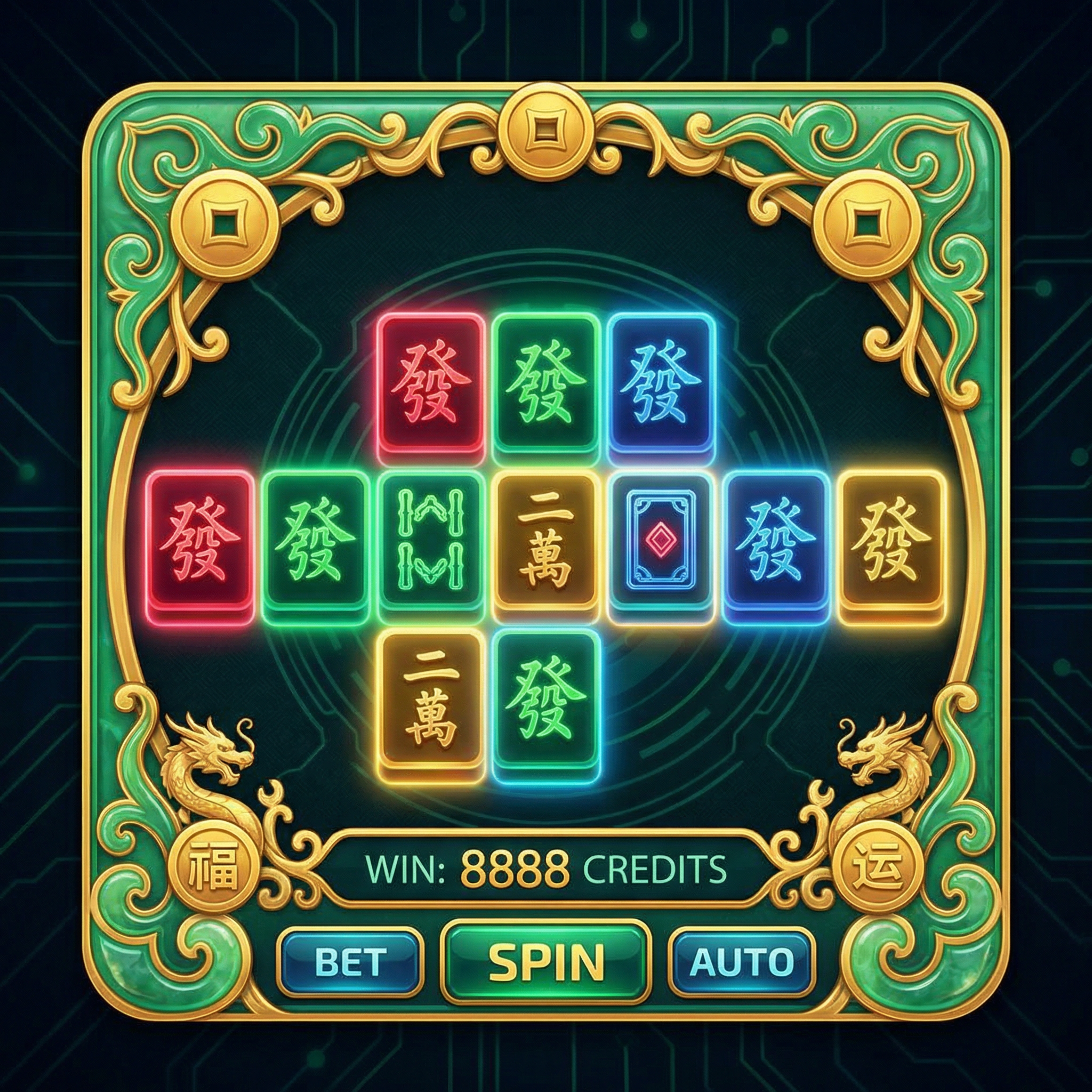 麻将胡了电子游戏界面,显示麻将牌型和获奖线